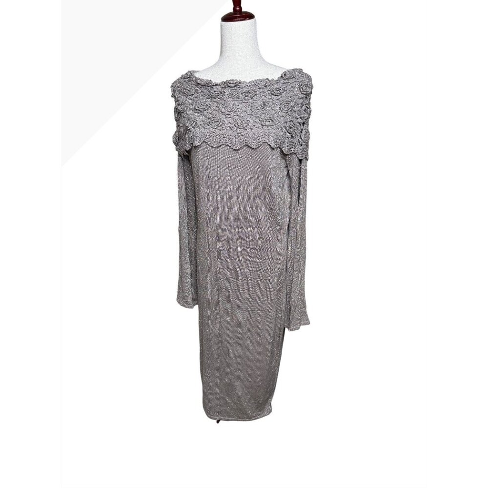 VTG 90s Newport News XL Metallic Yarn Crochet Portrait Neck Dress Romantic Y2K